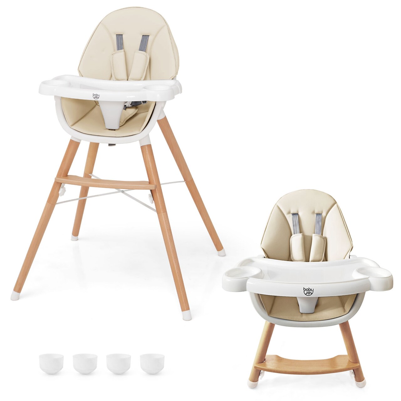 Costway Baby High Chair Wooden Feeding Chair with 4-Gear Tray & Removable Cushion Beige/Grey